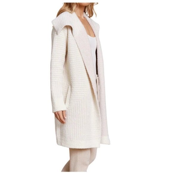 Barefoot Dreams Angular Stripe Cardi Sweater Fuzzy Long Pockets Cream Tan Stripe - Picture 12 of 12